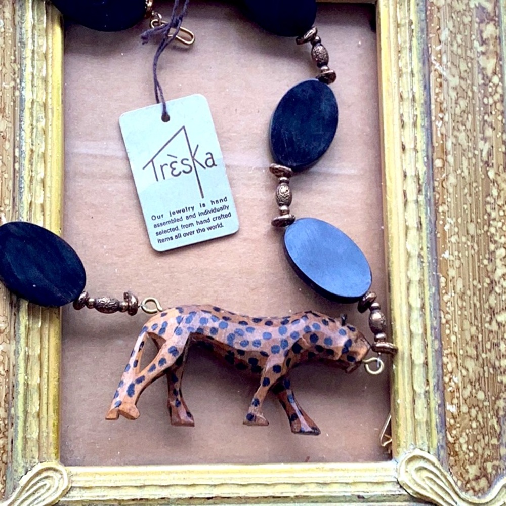 🦏 TRESKA VINTAGE DEADSTOCK LEOPARD NECKLACE KENYA AFRICA HAND CRAFTED 🐘